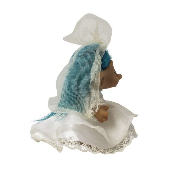 Ace Novelty Troll Doll 6" Bride Blue Hair Vintage Lace Wedding Dress & Veil - Picture 2 of 4
